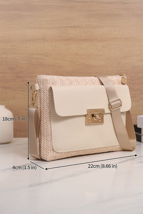 Beige Leather Pocket Patchwork Straw Woven Shoulder Bag