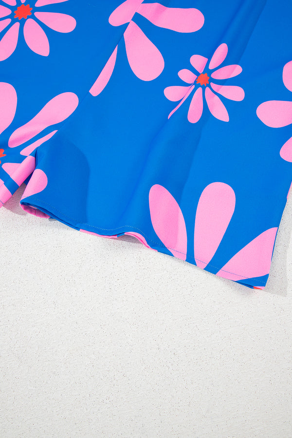 Blue Summer Flower Print Shirt Collar Button Front Loose Romper