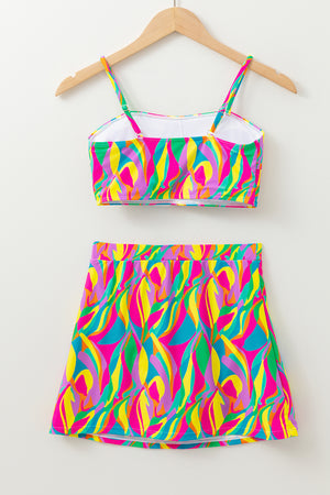 Multicolour Abstract Print Textured Spaghetti Strap High Waist Bikini Set