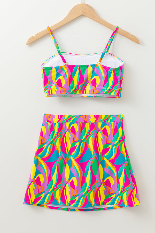 Multicolour Abstract Print Textured Spaghetti Strap High Waist Bikini Set