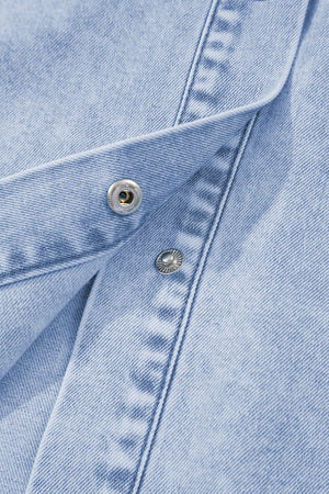 Beau Blue Double Ruffled Sleeves Buttoned A-line Collared Mini Denim Dress