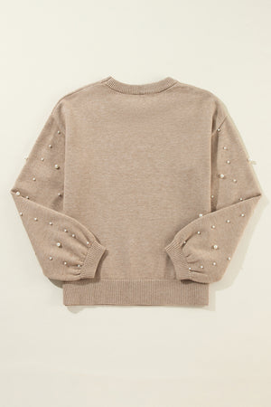 Smoke Gray Pearled Drop Shoulder Round Neck Sweater