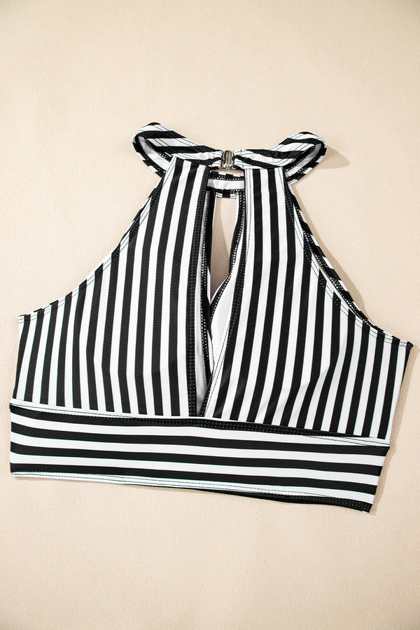 Black Striped Halter Top Drawstring Ruched High Waisted Bikini