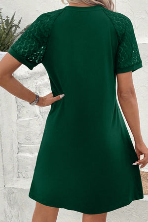 Blackish Green Contrast Lace Raglan Sleeve Pleated Detail Shift Dress