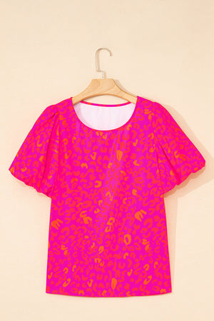 Rose Leopard Printed Puff Sleeve Top