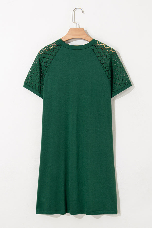 Blackish Green Contrast Lace Raglan Sleeve Pleated Detail Shift Dress