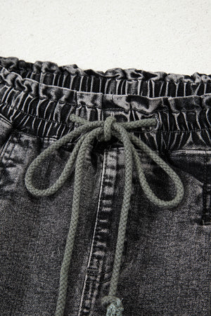 High Drawstring Elastic Waistband Casual Denim Shorts with Pockets