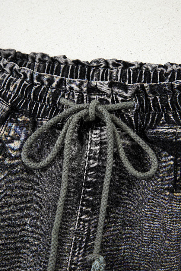 High Drawstring Elastic Waistband Casual Denim Shorts with Pockets