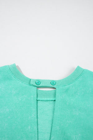 Sea Green Mineral Wash Drawstring Elastic Waistband Hollow Out Back Short Sleeve Romper