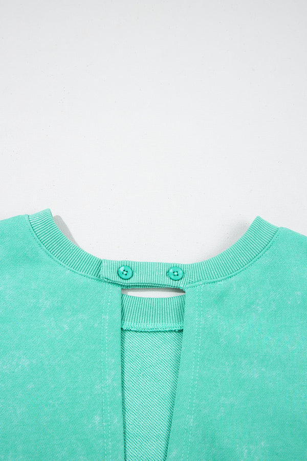 Sea Green Mineral Wash Drawstring Elastic Waistband Hollow Out Back Short Sleeve Romper