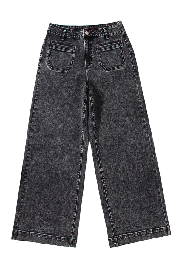 Black Chic Patch Pocket Straight Leg Loose Jeans