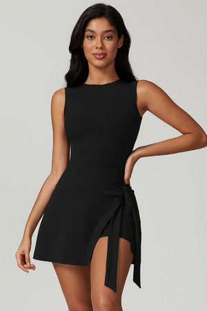 Black Sleeveless Knot Skirt Hem Sports Romper