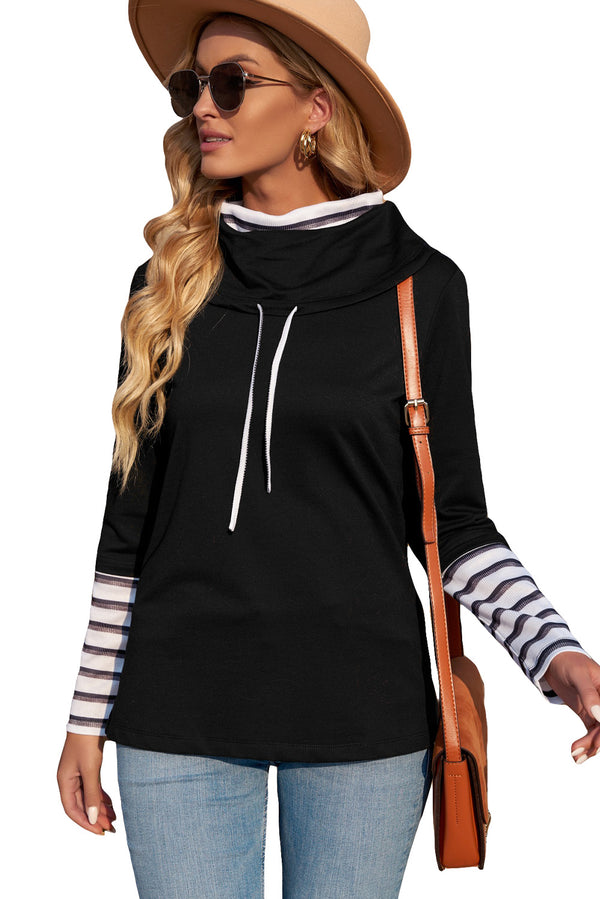 Striped Splicing High Neck Sweatshirt