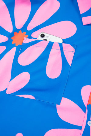 Blue Summer Flower Print Shirt Collar Button Front Loose Romper