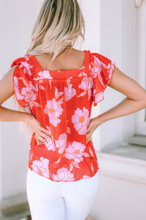 Fiery Red Floral Square Neck Ruffle Sleeve Blouse