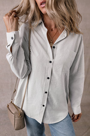 DEAR-LOVER Stripe Roll-tab Sleeve Pocketed Long Shirt