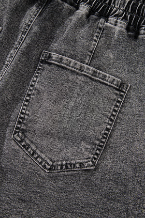 High Drawstring Elastic Waistband Casual Denim Shorts with Pockets