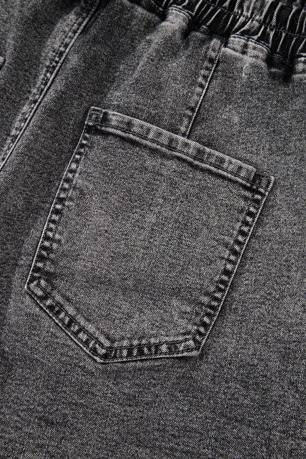 High Drawstring Elastic Waistband Casual Denim Shorts with Pockets