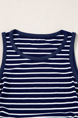 Blue Stripe Contrast Round Neck Sleeveless Slim Top