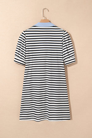 Black Stripe Contrast V Neck Collared Puff Sleeve T Shirt Mini Dress with Pockets