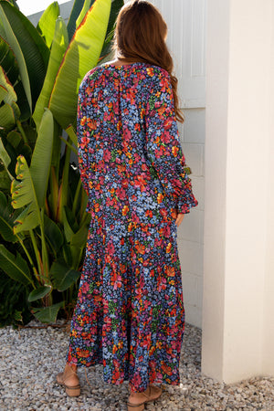 Blue Floral Print Tassel Tie V Neck Long Sleeve Flowy Long Dress