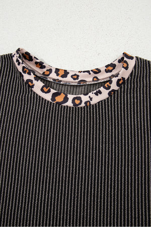 Carbon Grey Leopard Patchwork Edge Twisted Rib T Shirt and Cropped Pants Set