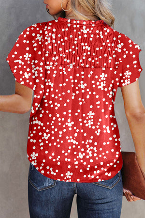 Red Polka Dot Print Frilly Smocked Neck Short Sleeve Blouse