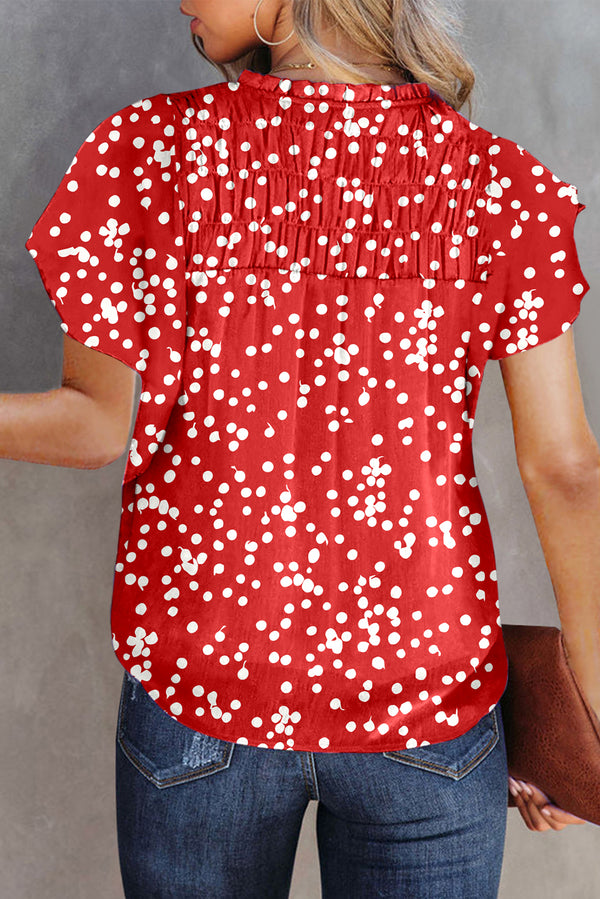Red Polka Dot Print Frilly Smocked Neck Short Sleeve Blouse