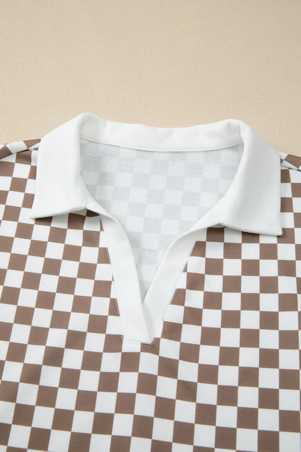 Khaki Checkered Print Polo Collar Cropped Long Sleeve Top Drawstring Mini Skirt Set