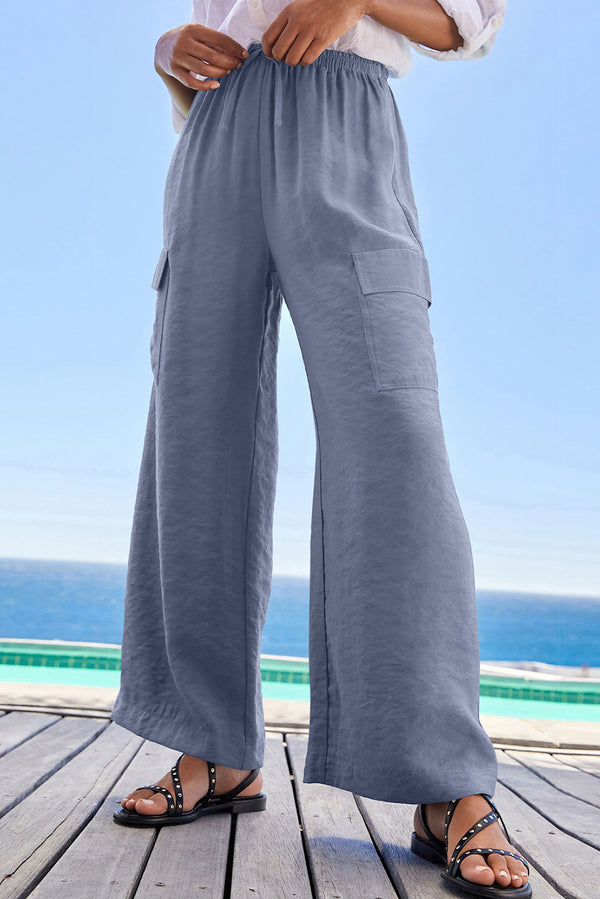 Dark Grey Drawstring Frilled Elastic Waistband Wide Leg Utility Trousers