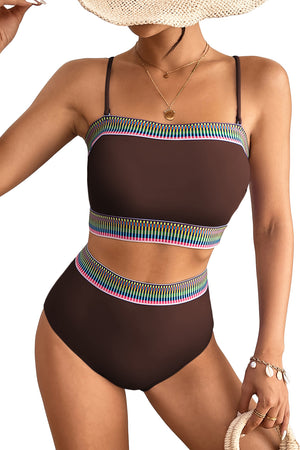 Coffee Contrast Banding Tube Bikini High Waist 2pcs Swimsuit