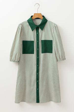 Green Patch Pockets Button Down Short Puff Sleeve Dress