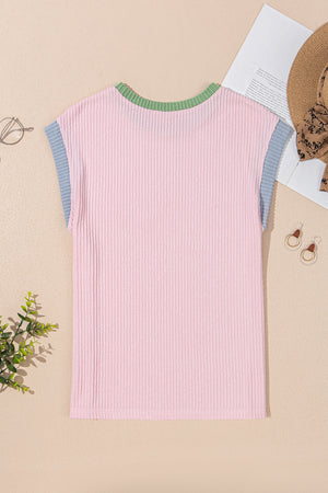 Pink Sequin GAME DAY Graphic Corded Rib Knit Colorblock T Shirt