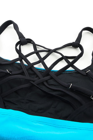 Bluish Strappy Hollow-out Back Tankini