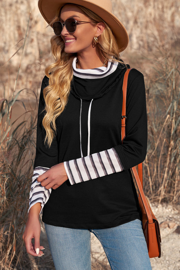 Striped Splicing High Neck Sweatshirt