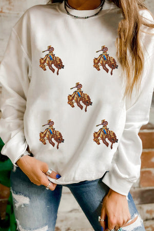 White Sequin Rodeo Patched Drop Shoulder Sweatshirt