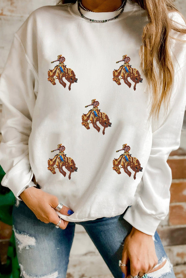 White Sequin Rodeo Patched Drop Shoulder Sweatshirt