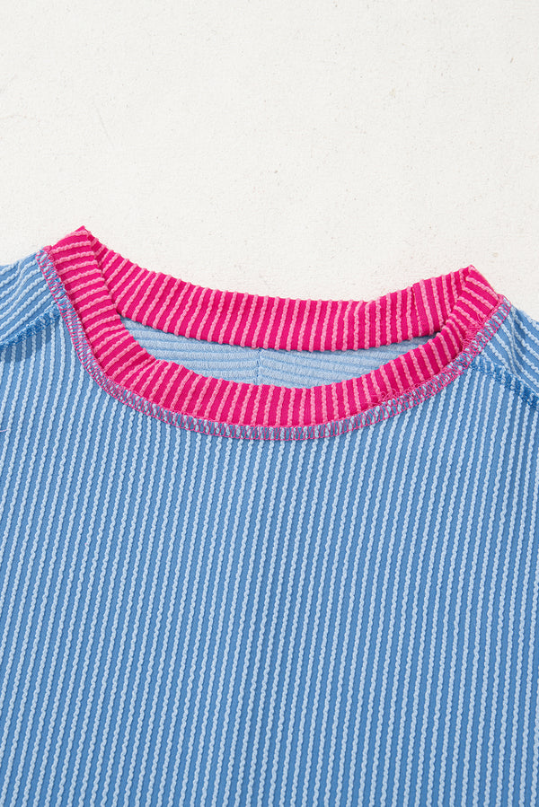 Sky Blue Textured Contrast Trim Round Neck T Shirt