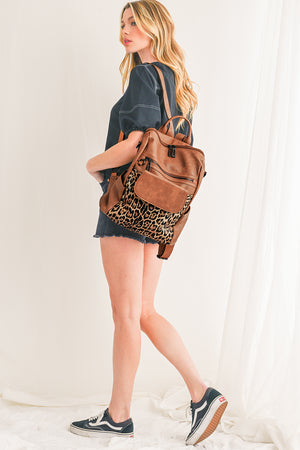 Coffee Leopard Patchwork PU Leather Functional Backpack
