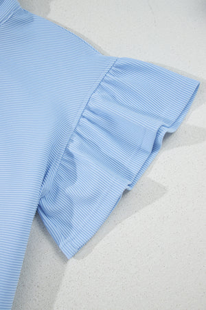 Beau Blue Ribbed Texture Half Zip Ruffled Short Sleeve Top and Shorts Set