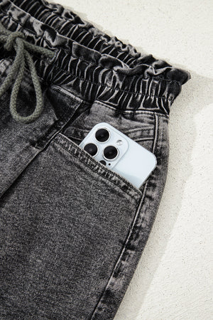 High Drawstring Elastic Waistband Casual Denim Shorts with Pockets