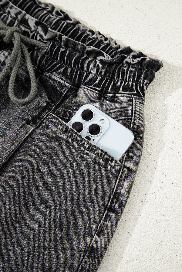 High Drawstring Elastic Waistband Casual Denim Shorts with Pockets