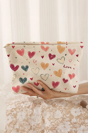 White Love Heart Print Ribbed Canvas Makeup Bag
