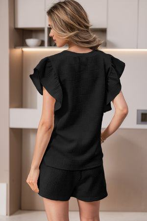 Black Textured Ruffled Sleeve Tee and Drawstring Elastic Waistband Shorts Set