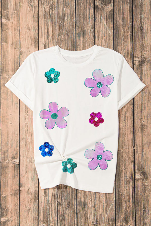 White Sequined Flower Pattern Round Neck T Shirt