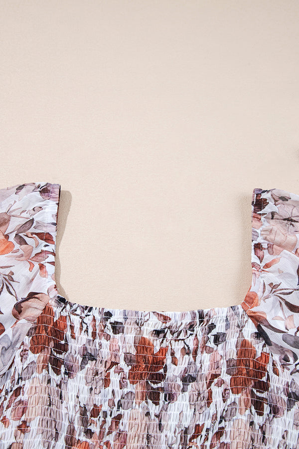 White Floral Print Sweetheart Neck Long Sleeve High Waist Mini Dress
