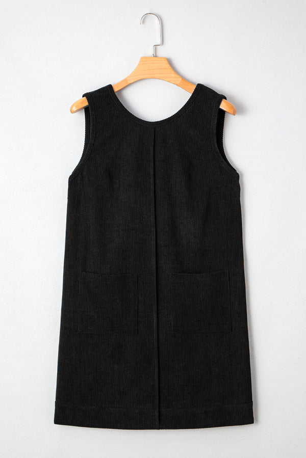 Black Corduroy Sleeveless Mini Dress With Patched Pockets