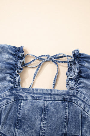 Blue Frilly Square Neck Bustier Puff Sleeve Short Denim Dress