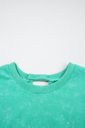 Sea Green Mineral Wash Drawstring Elastic Waistband Hollow Out Back Short Sleeve Romper