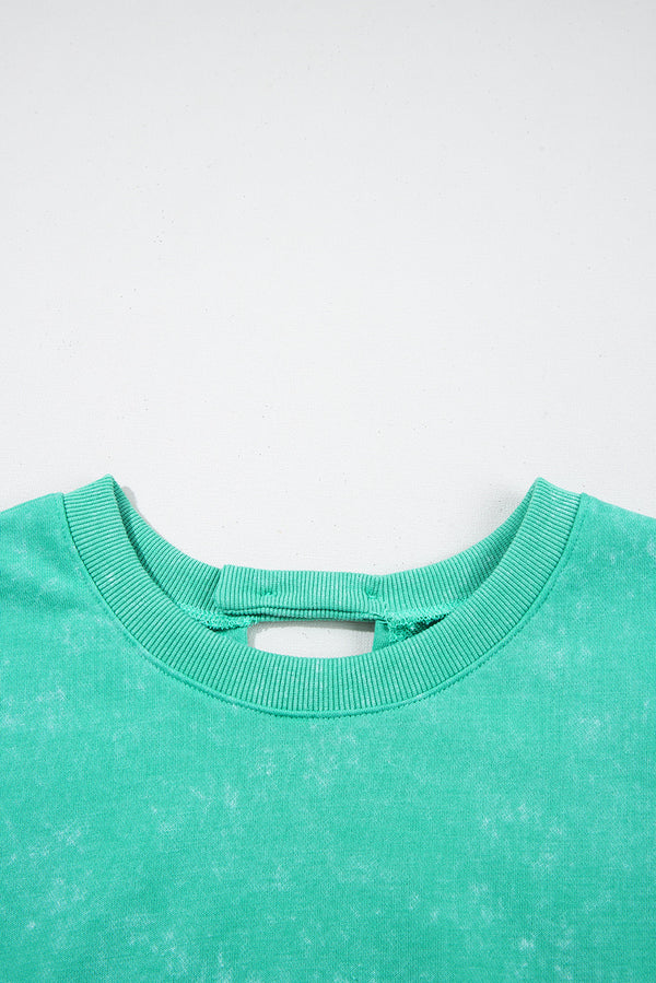 Sea Green Mineral Wash Drawstring Elastic Waistband Hollow Out Back Short Sleeve Romper